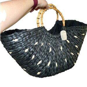 NWT World Market Blue Woven Straw Tote Bag Bamboo Handles beach boho festival